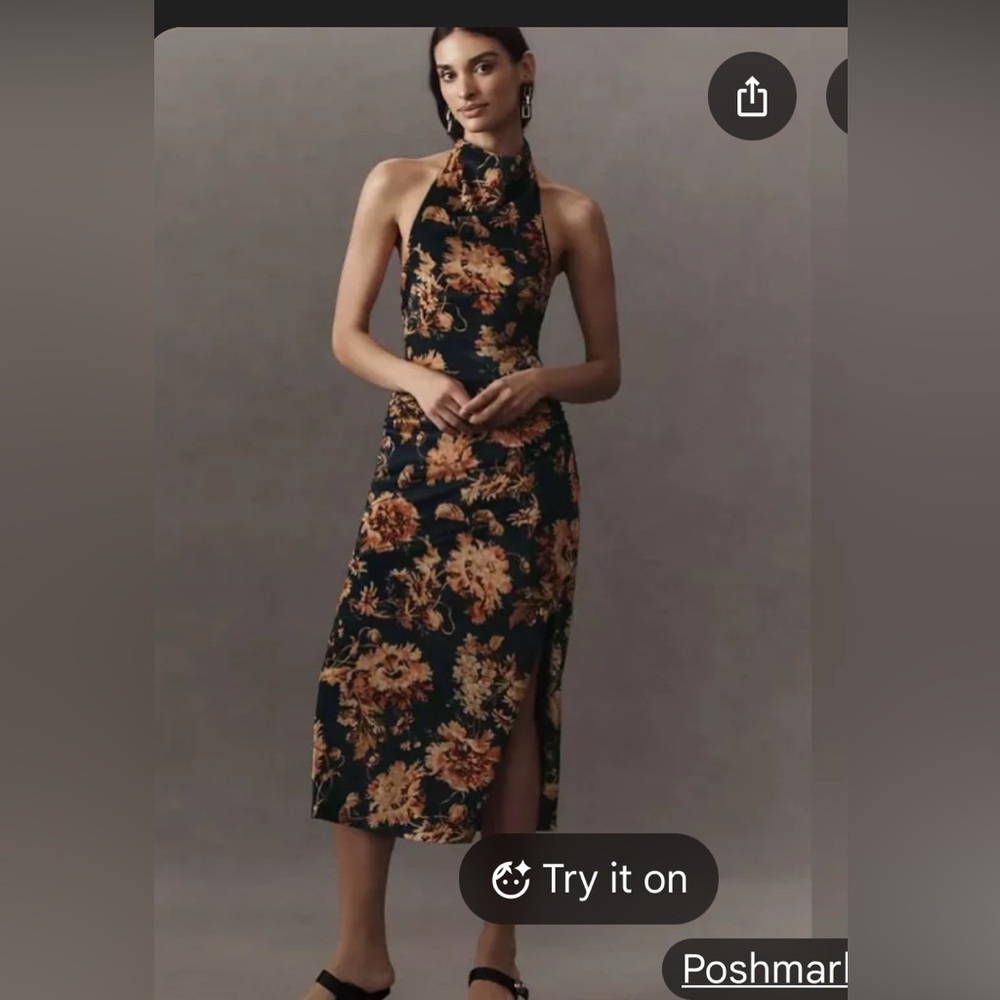 BHLDN Anthropologie Holly Halter floral Printed Stretch Velvet Midi Dress.